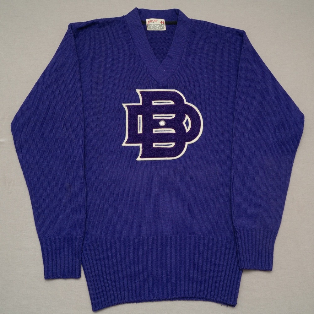 Vintage 70s Letterman Sweater Coane DB Athletics Reserve Purple Size 44 V Neck